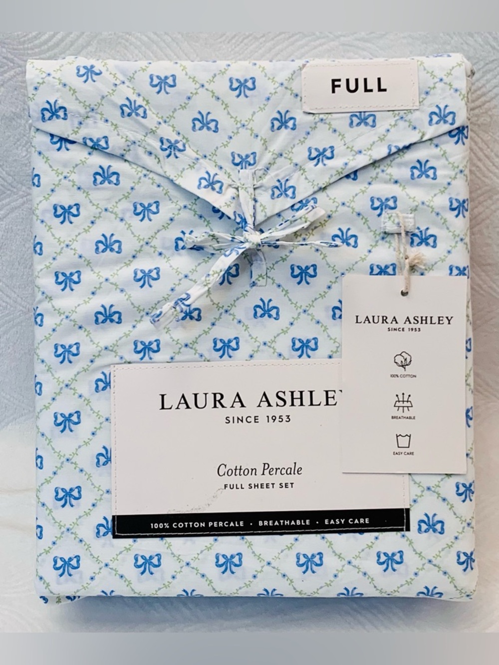 Laura Ashley Kate Blue Bows and Trellis Ribbons Sheet Set - Full